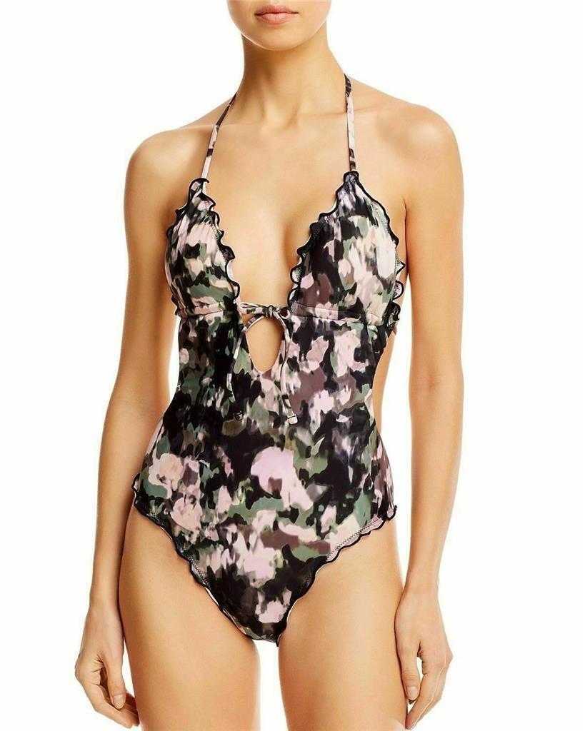 Lucky Brand Smokescreen Ruffle Plunge Monokini One Piece Swimsuit, Multi, XS